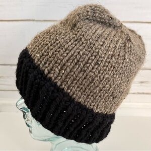 Handmade Knit Beanie – Taupe & Black Cozy Winter Hat